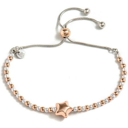 PORI Jewelers Freshwater Pearl Two-Tone 18kt Rose Gold-Plated Sterling Silver Puff Star Charm Adjustable Bracelet