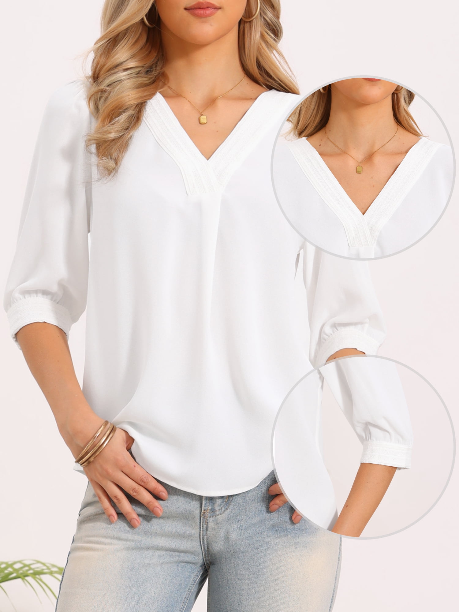 DARING DIVA Women's Dressy Casual Chiffon Tops V Neck 3/4 Sleeve Work Blouses XL White