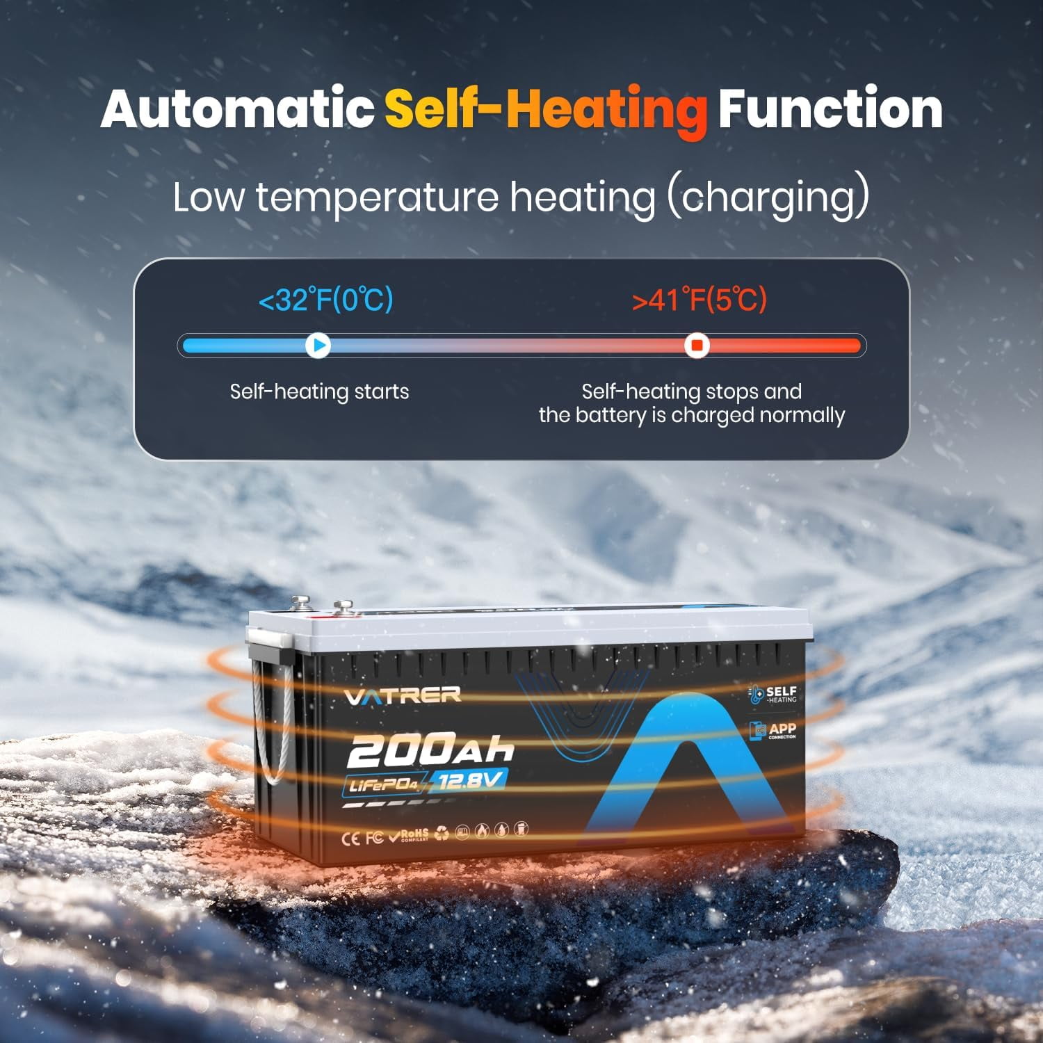 VATRER POWER 12V 200AH LiFePO4 Lithium Battery with Self-Heating, Built-in 200A BMS, Supports Low Temp Charging(-4°F), 5000+ Cycles, Perfect for RV/Camper, Solar, and Off-Grid Applications,