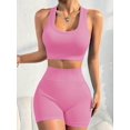 thumbnail image 3 of Women Seamless Ribbed 2 Piece Yoga Set Racerback Crop Sports Bra High Waist Stretch Biker Shorts Workout Outfit Pink M, 3 of 6