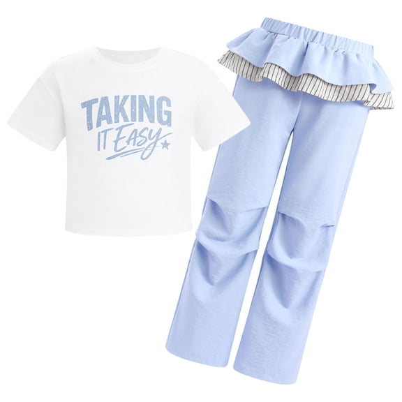 OBEEII Little Girls Summer Outfits Short Sleeve Printed T-shirt Cute Cargo Pants Two Piece Spring Outfits Clothes for Kids Teens