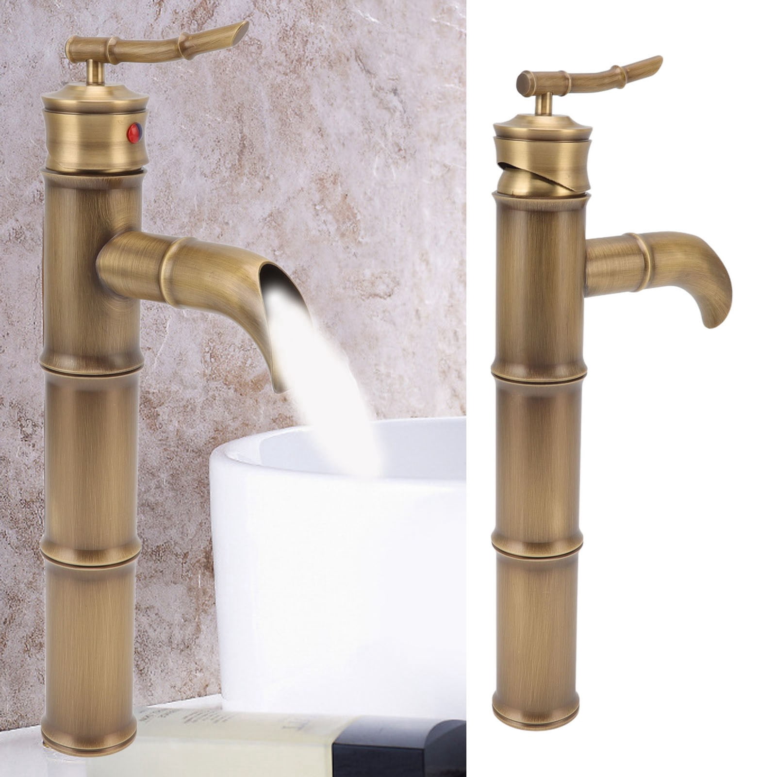 Riousery All Copper Antique Faucet 3 Sections Bamboo Joint Single Hole Basin Tap Bevel Mouth Toilet Cold Hot Sink Faucet with Gaskets and Hoses Included for Bathroom Vanity