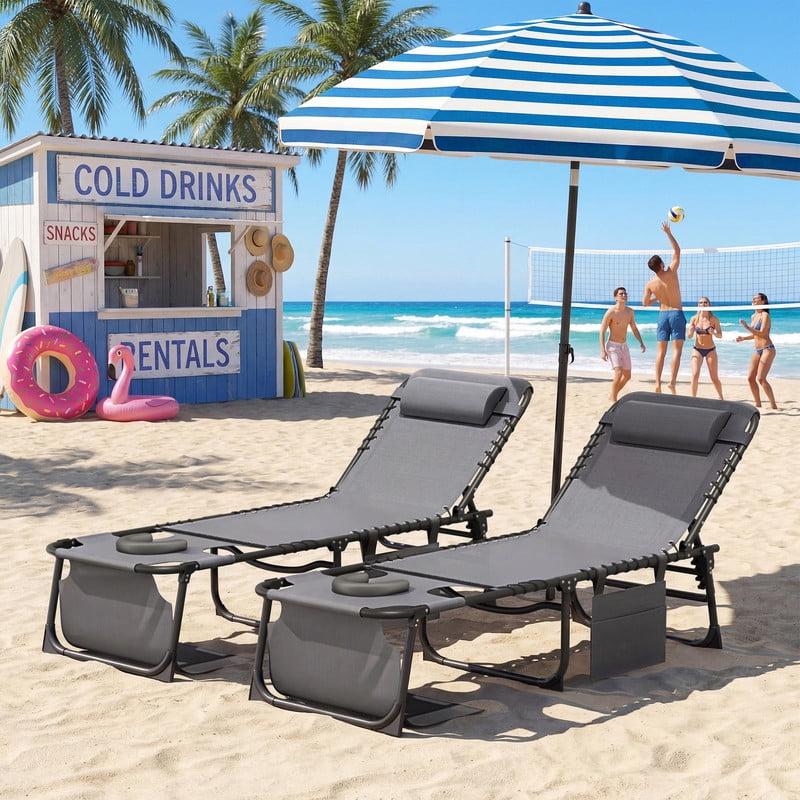 Lacoo Teslin Foldable Lounge Chair, Outdoor Chaise Lounge with Sauna, 5-Position Adjustable Beach Chair, Gray