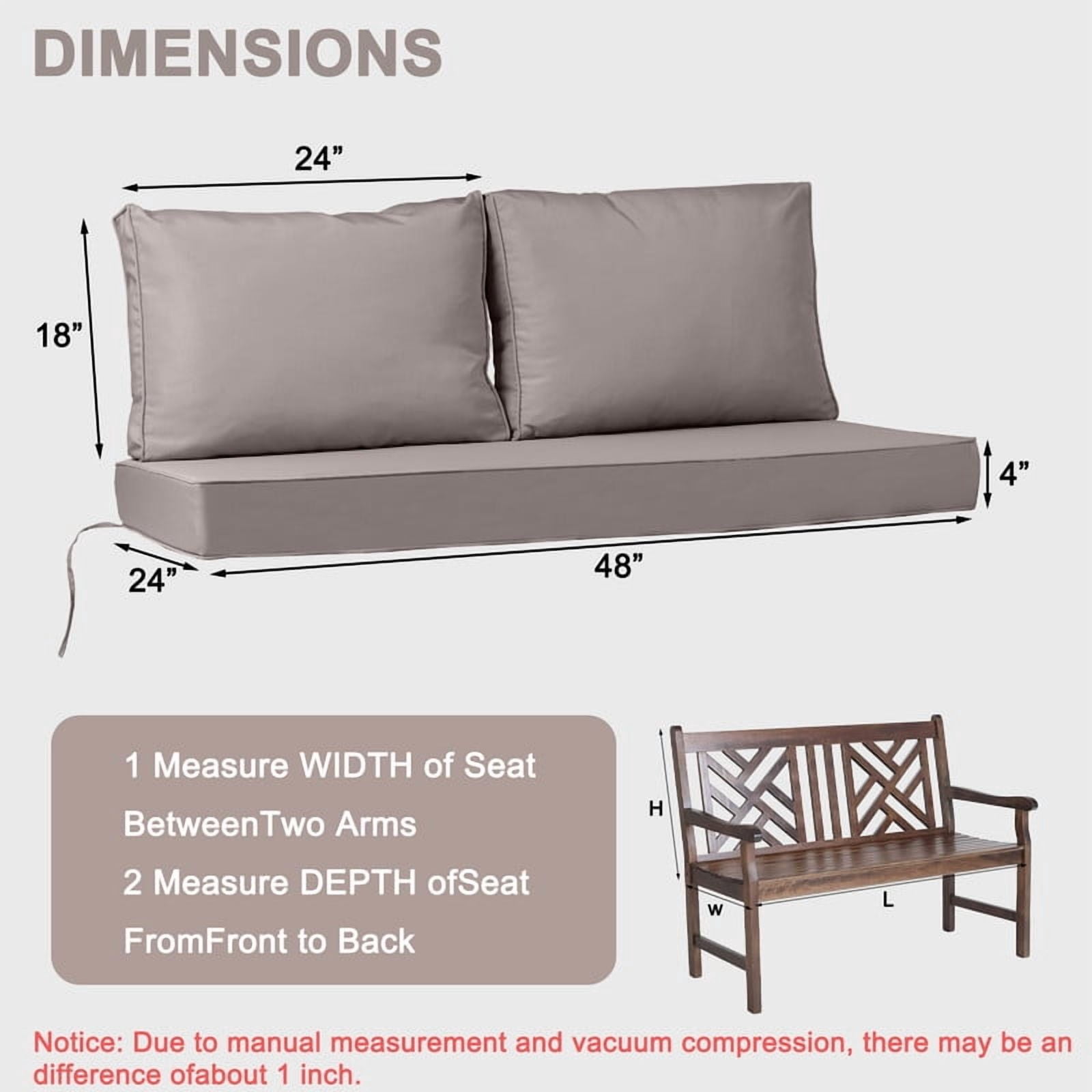Outdoor Loveseat Cushion Set, 48" x 24" Waterproof Patio Furniture Cushions with Removable Cover, Ties and Hidden Zipper, Patio Love Seat Sofa Cushions（Khaki）
