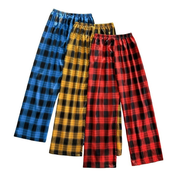 Tnhcen Women's 3-Pack Red/Blue/Yellow Plaid Simulated Silk Sleep Pants - Thin Elastic Waist Relaxed Home Wear | Polyester S-XL Pajama
