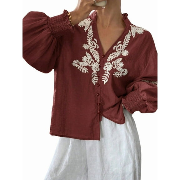 Women'S Embroidered Linen Shirts Button Up Sleeve V Neck Boho Blouse Wine Red S