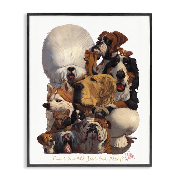 Stupell Industries Eclectic Just Get Along Phrase Funny Dog Gang Illustration Black Framed Giclee Art, 11 x 14, by Thomas Fluharty