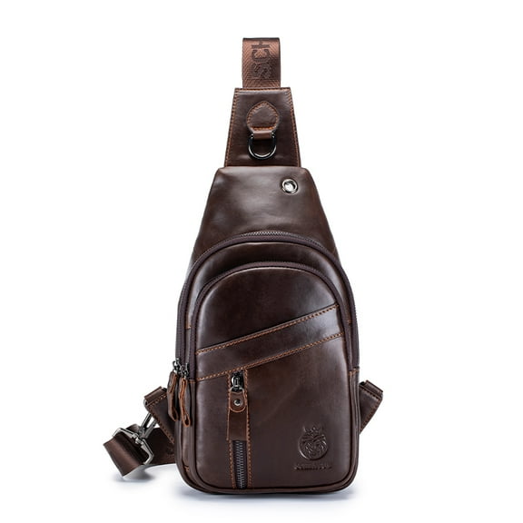 SCHLATUM Genuine Leather Sling Bag for Men Small Man Bag Crossbody Mens Casual Chest Bag Sling Backpack with USB Cable Hole, Coffee