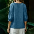 thumbnail image 7 of Homenesgenics Womens Tops Plus Size Spring 3/4 Sleeve Round Neck Button-Up Bell Sleeve Solid Color Cotton-Linen Top/Shirt Blue M, 7 of 7