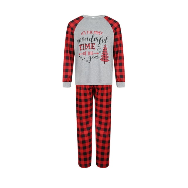 Honganda Parent-Child Xmas Nightclothes Letters Print Tops Red Plaid Trousers