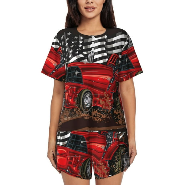 Balery tractor Conjunto de Pijama para Mujer con Estampado, Dos Piezas de Manga Corta y Shorts, Ropa de Dormir Suave con Cuello Redondo y Bolsillos-Small