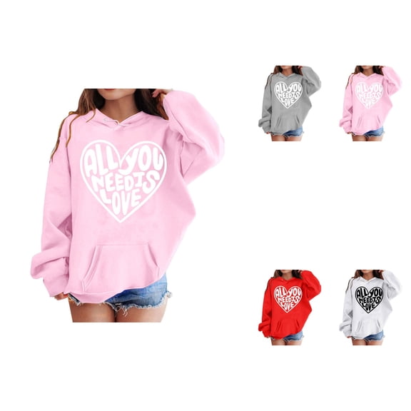 Girls' Fashion Casual Long Sleeve Hooded Sweatshirt, Heart Print Graphic Top for Everyday Wear, Trendy Plus Size Cute Comfy Soft Comfortable Clothing
