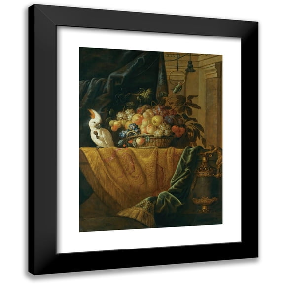 Jan Pauwel Gillemans the Younger 12x14 Black Modern Framed Museum Art Print Titled - A Still Life with a Basket of Fruit and a Parakeet