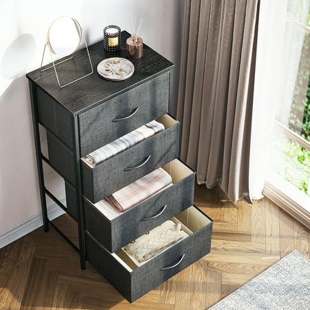 ODK Dresser for Bedroom with 4 Storage Drawers, Small Dresser Chest of Fabric Drawers with Sturdy Steel Frame, Wood Top, Dark Grey