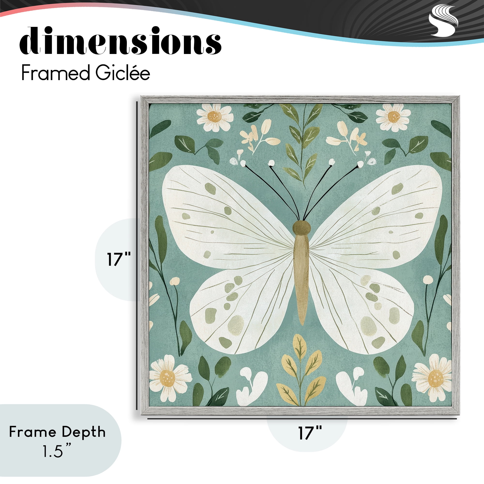 Stupell Industries Teal Butterfly Garden with Daisies Gray Framed Giclee Art, design by Petal Prints Design