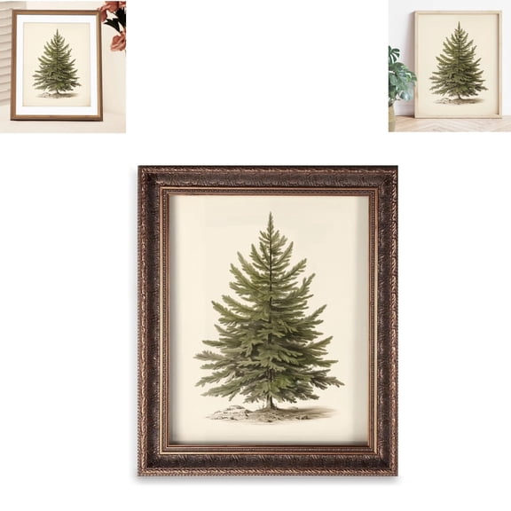 Framed Vintage Pine Tree Wall Art, Rustic Botanical Winter Artwork, Holiday Themed Framed Print for Living Room Bedroom Home Decor