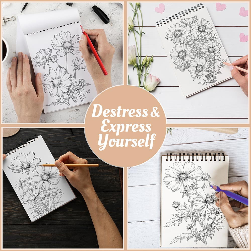 Netecom Large Print Cosmos Coloring Book Spiral Bound for Adults, A5 Wooden Cover, 30 Bold and Simple Flowers Coloring Pages of Oversized Designs for Stress Relief and Relaxation
