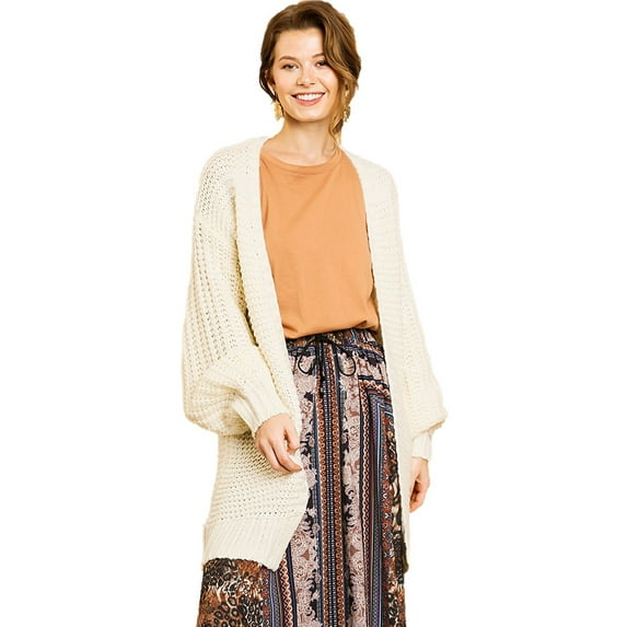 Fashion Cream Long Balloon Puff Sleeves Open Front Cardigan