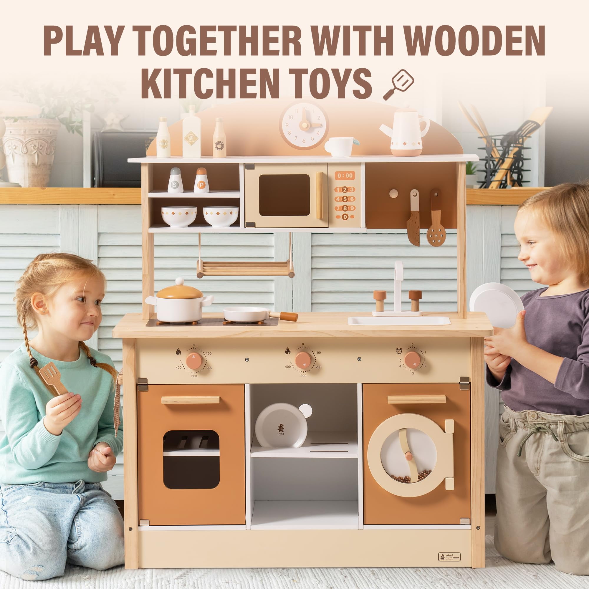 Robud Kids Wooden Kitchen Play Set Pretend Playset Toy with Play Cooker for Kids Boys Girls Age 3+,Caramel