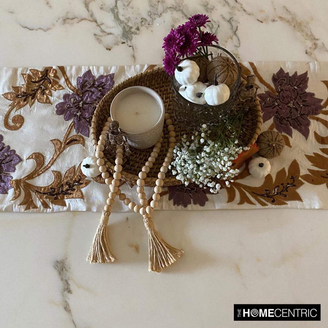 Decorative Table Runner Ivory, Gold, Purple, 14 inch wide x 90 inch long Silk Beaded Table Runner Ivory Blossoms Applique Velvet Embroidered Elegant Modern - Brown Floral