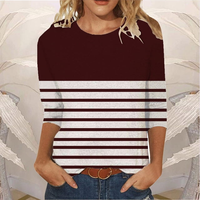 Meichang Chemises à Manches 3/4 pour Femmes Hauts à Rayures Color Block Col Rond T-Shirts Décontractés Chemises Coupe Ample Blouses de Travail Confortables Pull Mode 2024