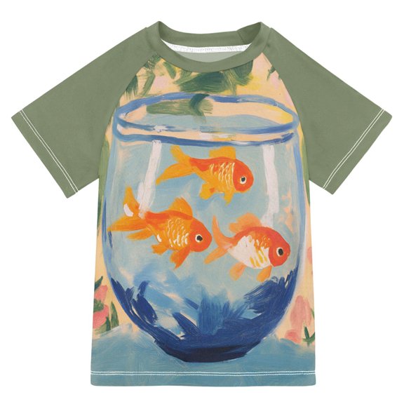 FORMRS Boys Rash Guard Short Sleeves Swim Shirt Quick Dry UPF 50 Sun Protection, Sizes 3-12T, Blue Goldfish Bowl