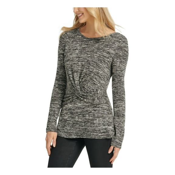 DKNY Womens Black Twit Front Heather Long Sleeve Jewel Neck Top Size: S