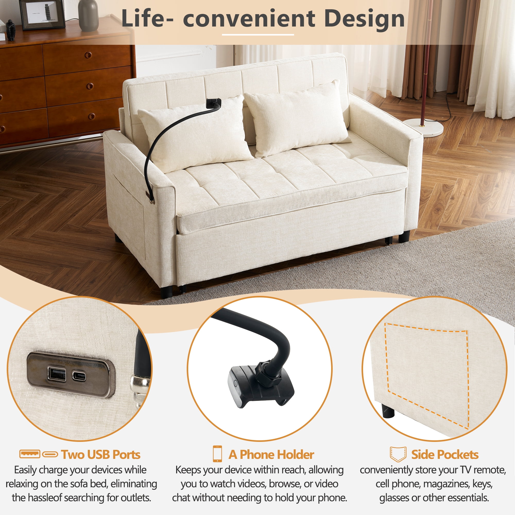 Euroco 56.9" Loveseat Sofa Pull-out Sofa Bed Sleeper Sofa with a Reversible Backrest Cushion, Side Pockets, Two USB Ports and a Phone Holder for Living Room