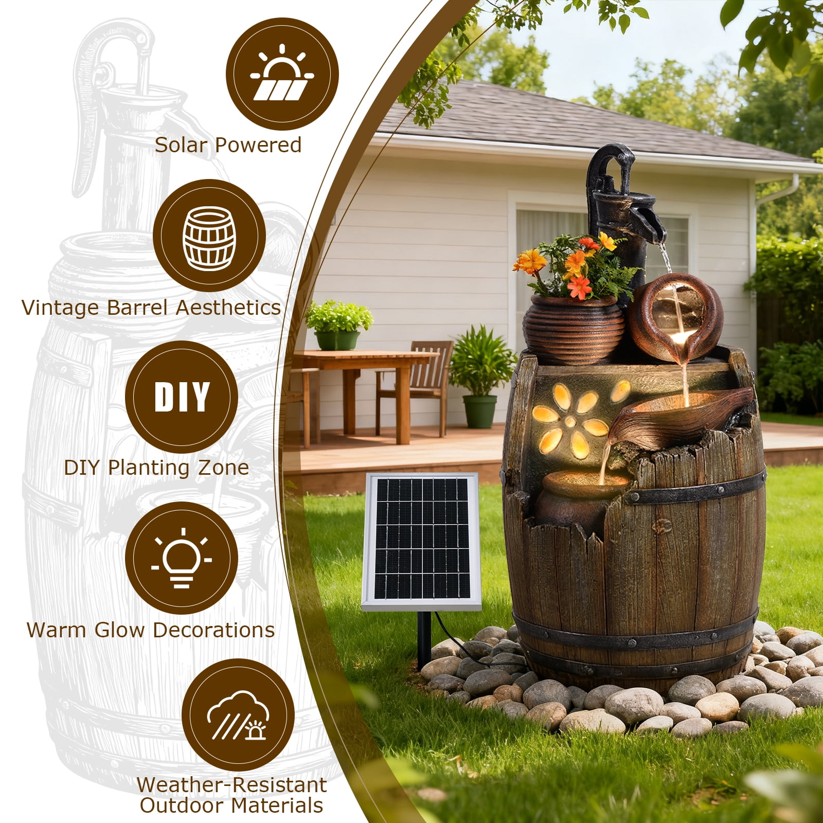Solar Water Fountain Outdoor Rustic Pump and Barrel,4 Tiered Cascading Bowl Solar Powered Water Fall Fountains Outside Feature with LED Lights for Garden, Patio, Porch, Backyard Decor