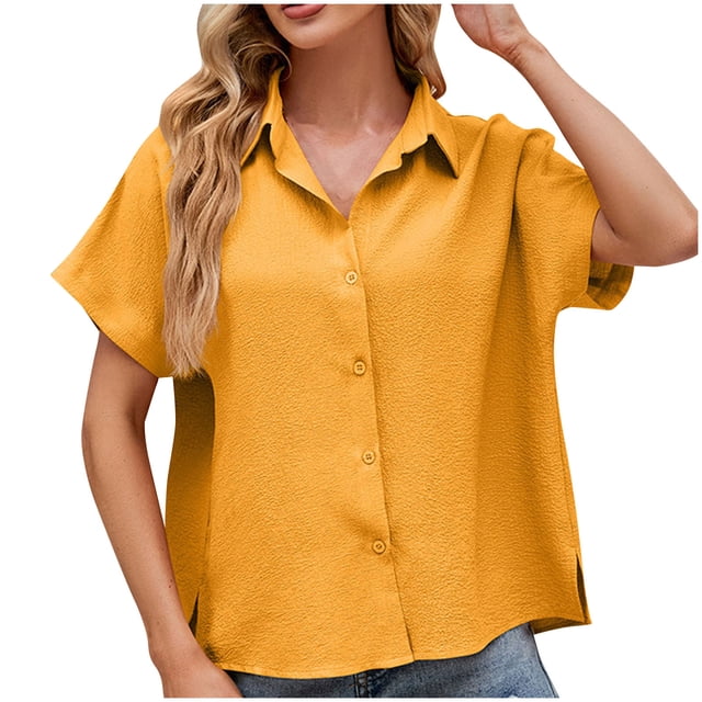 JIUKE Button down Shirts for Women Short Sleeve Lapel Collared Blouses Casual Solid Color Workwear Tops