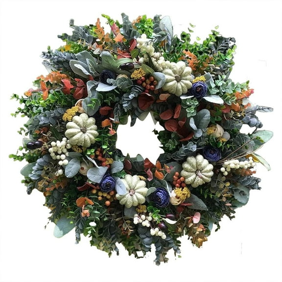 14inch Fall Wreath, Eucalyptus Berries Pumpkins Lamb Ears Leaves sunflower Autumn Wreaths for Front Door, Fall Decor, Porch Wall, Home Outdoor Holiday Decorations Wreath for Autumn(C)