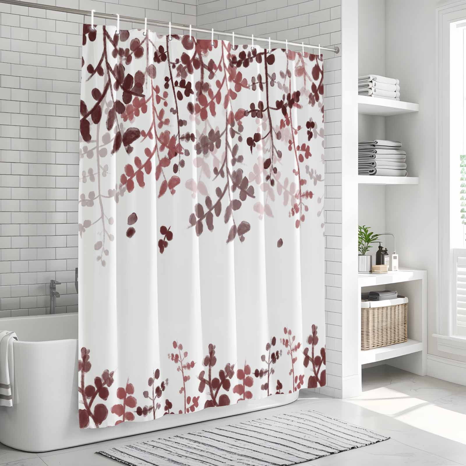 Leaves Shower Curtain, Waterproof Shower Curtains for Bathroom, Pink Brown Summer Botanical Washable Fabric Bathtub Curtain Set Bath Decor with 12 Hooks Standard 72"x72"