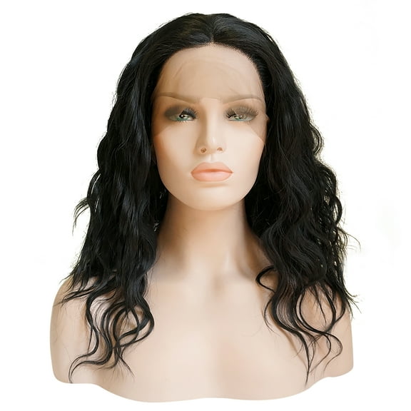 Unique Bargains Lace Front Wigs for Women 12" Black Medium Long Fluffy Curly Wavy with Wig Cap