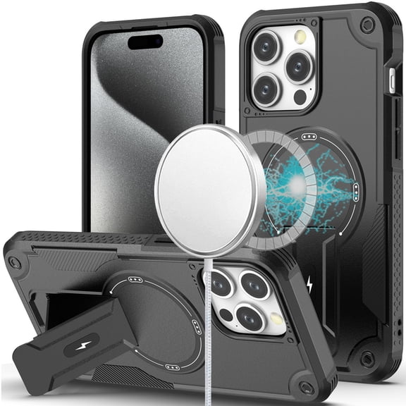 For iPhone 15 Pro Max Case Magnetic Circle Rugged Grip Stand 2 Tempered Glass