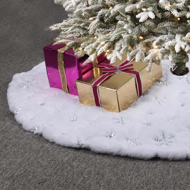 Christmas Tree Skirt 48 Inch Faux Fur Snowflake Sequin White Skirt for Christmas Tree,Winter Christmas Tree Mat,Holiday Party Christmas Tree Decorations