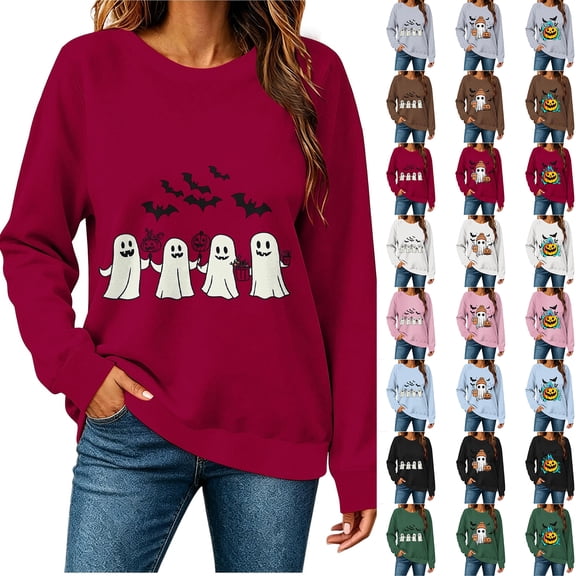 MexChoioe Women's Halloween Pumpkin Graphic Crewneck Sweatshirt Long Sleeve Casual Fall Winter Holiday Pullover Top