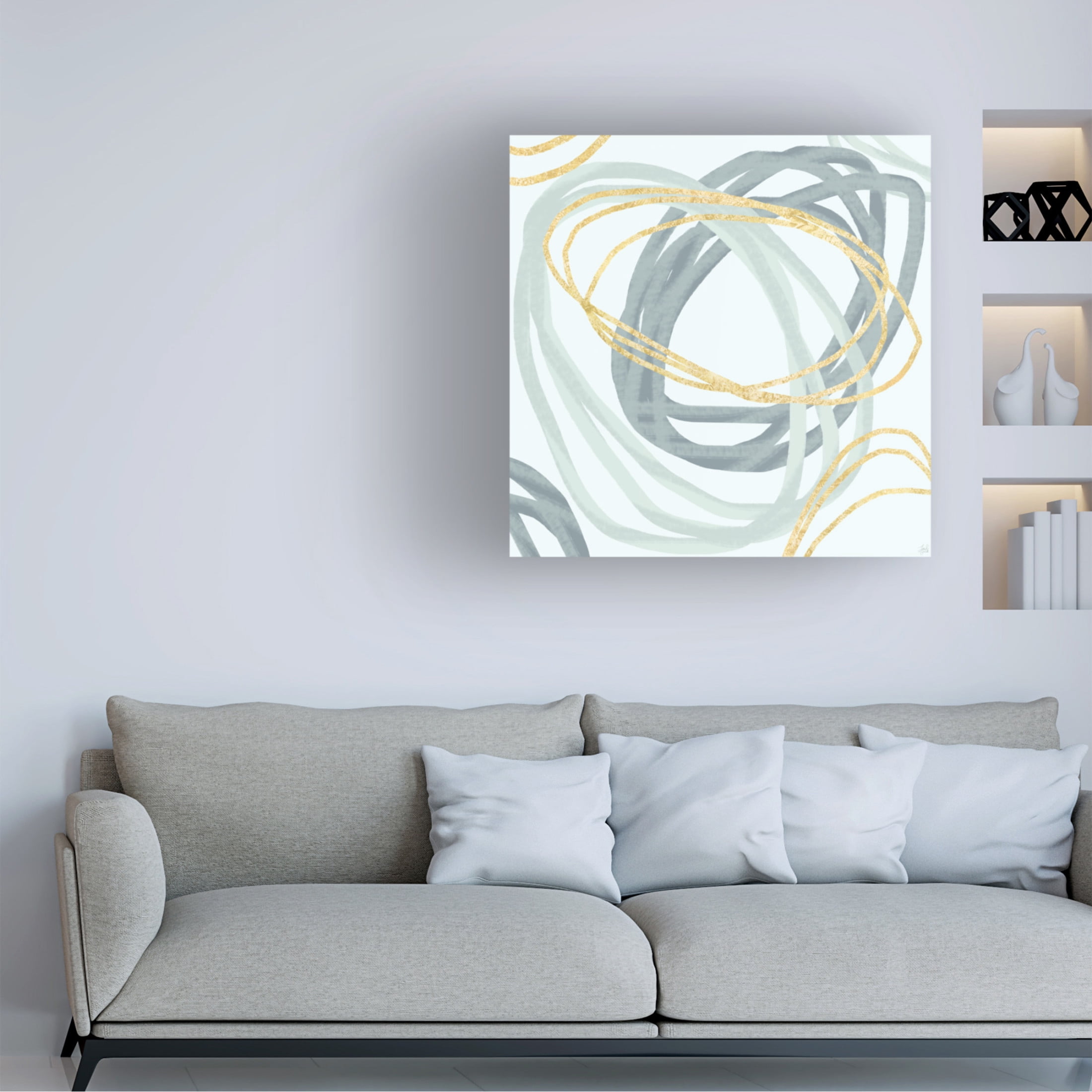 Canvas Wall Art - Line and Brush 'Blues and Gold Rings' Wall Art for Living Room, Bedroom, or Office Décor by Trademark Fine Art - 24 x 24 Inches