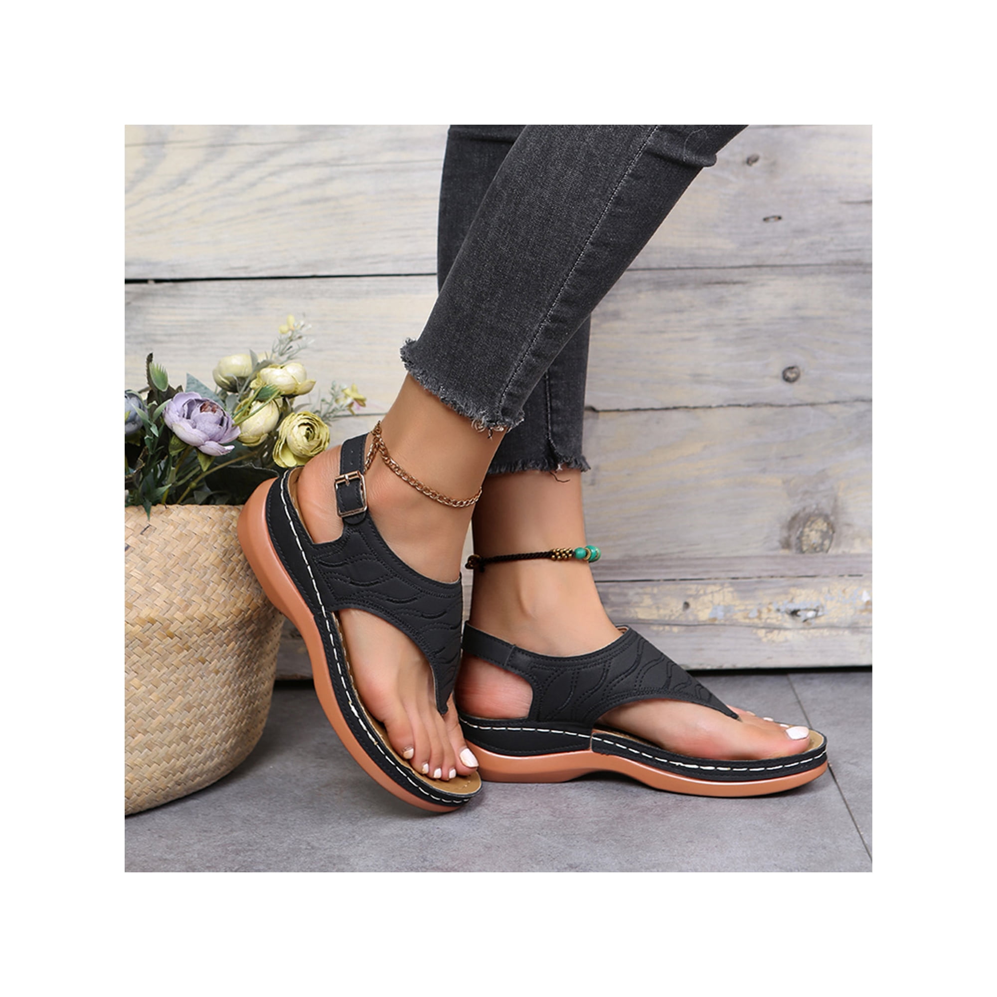 Woobling Ladies Flip Flop Platform Sandals Ankle Strap Shoes Anti Slip Vacation Comfortable Open Toe Black 6 Walmart