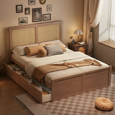 CoSoTower Queen Size Wood Storage Platform Bed with 4 Drawers, Rattan Headboard, Espresso