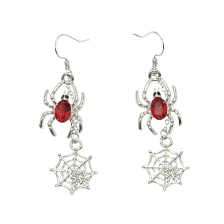 Faship Red Crystal Spider Web Hook Dangle Earrings for Halloween