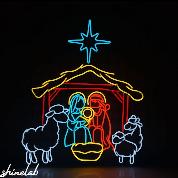Shinelab Nativity Scene Neon Sign, Religious Christmas Manger LED Decor, Christmas Decor