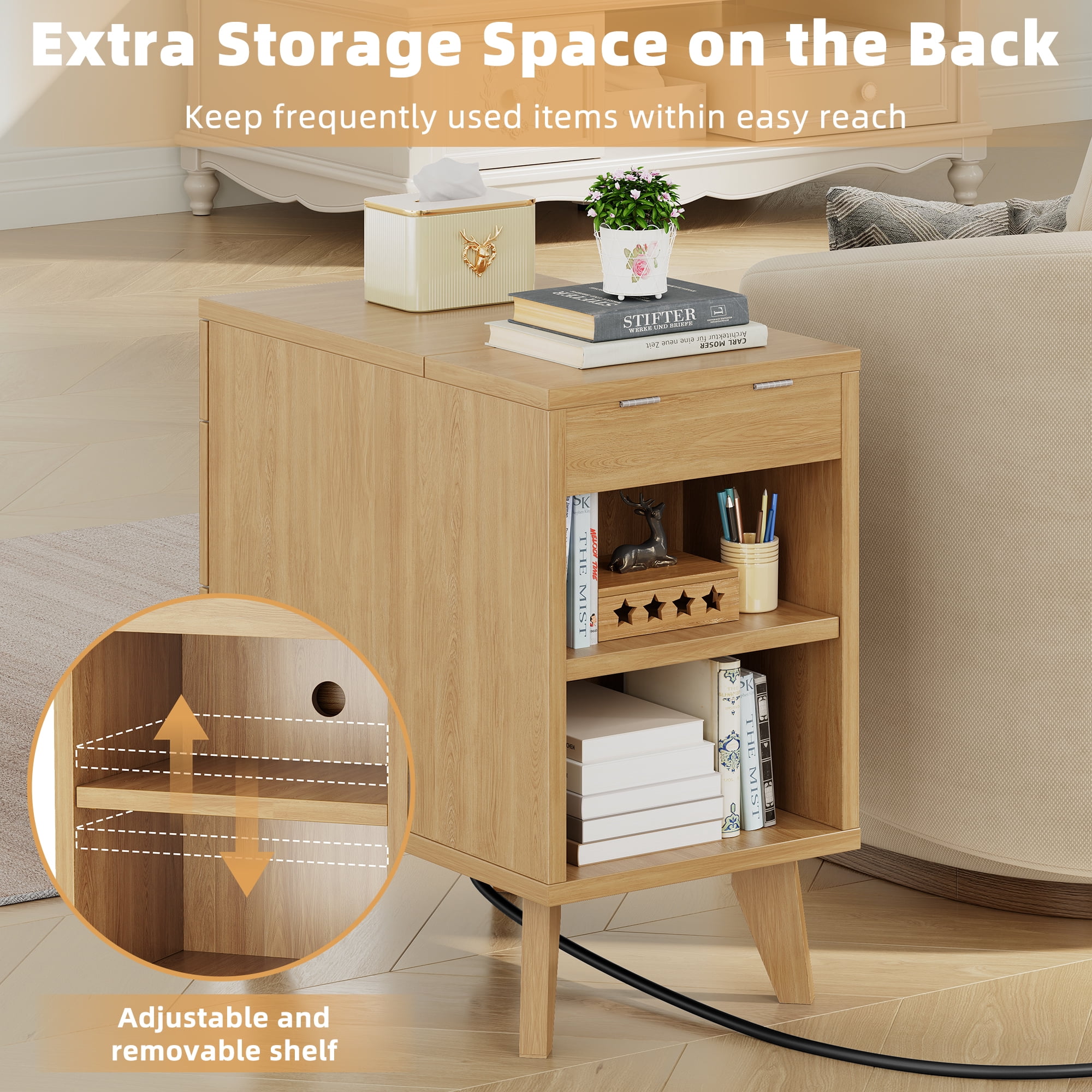 Biemlerfn 3 Drawer Side Table with Charging Station, Narrow End Table with Open Storage, Wooden Nightstand for Bedroom, Living Room, Natural Wood