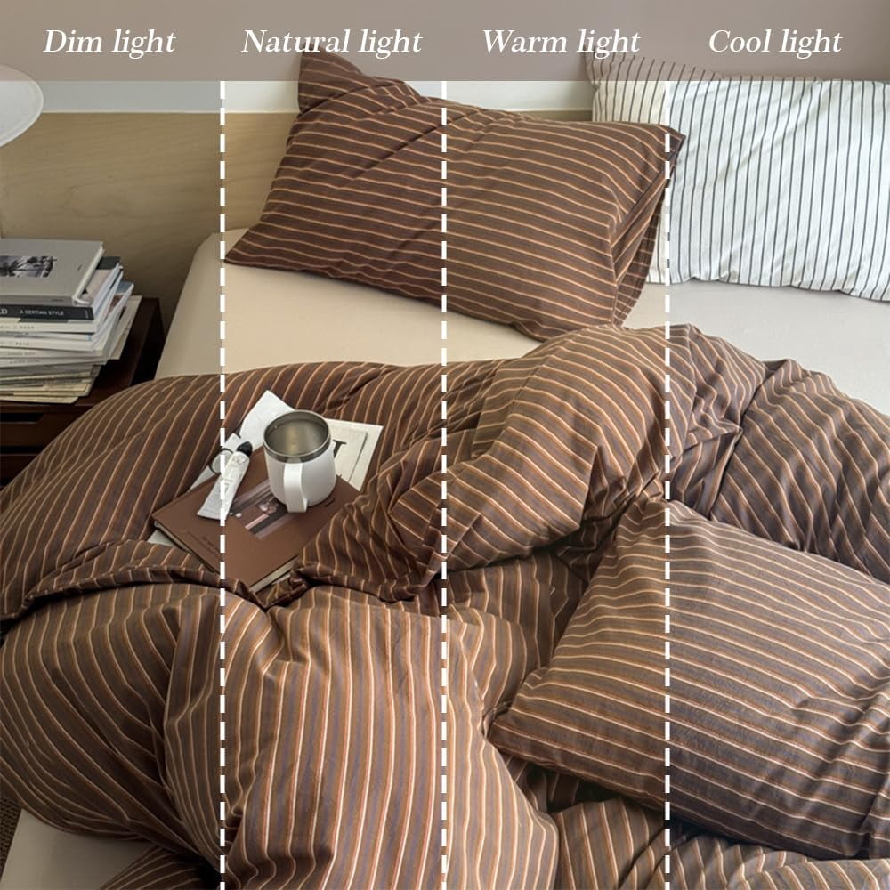 JOLUSERE Brown Striped Duvet Cover Queen Set,3-Piece Stripes Pattern Breathable Microfibre Comforter Cover