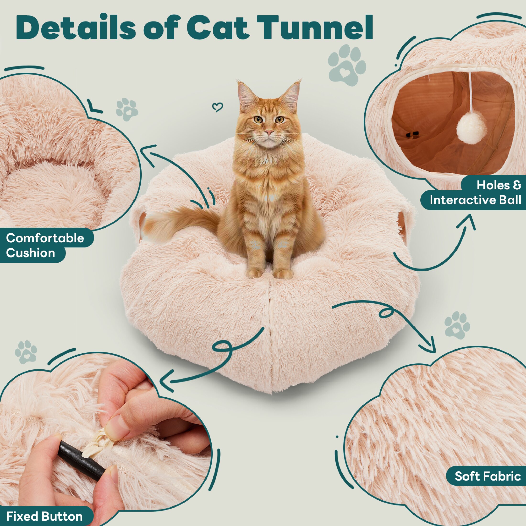 edx Cat Tunnel Bed for Indoor Cats, Soft Plush Peekaboo Hideaway Cave with Circle Cushion, Washable Multifunctional Playground Cat Donut Tunnel for Kittens, Rabbit, Ferret, Light Brown