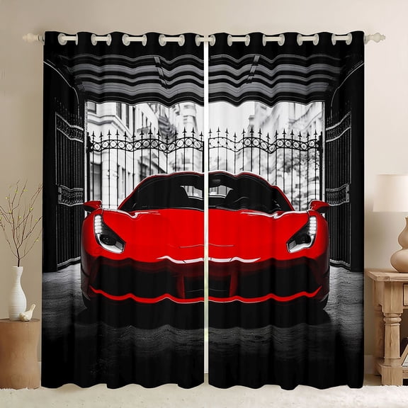 Castle Fairy Modern Sports Car Black Out Curtains for Boys, Garage Entrance Art Curtains Pack of 2 (42x63 Each) for Bedroom, Red Black