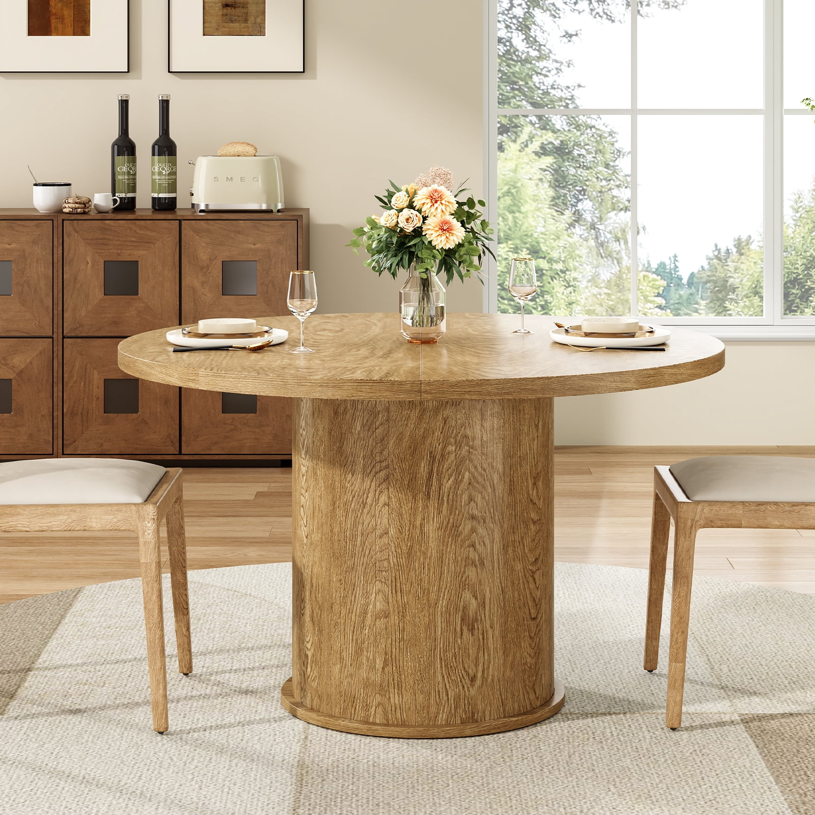 Farini 43" Round Dining Table, Modern Wood Kitchen Table with Metal Base, Seats 4, for Dining Room or Kitchen, Walnut