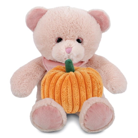 DolliBu Super Soft Baby Pink Bear Stuffed Animal with Pumpkin Plush Decor - Pink Bear Pumpkin Plush Animal for Fall, Halloween and Thanksgiving, Pumpkin Plush Toy for Baby, Kids, Adults - 8 Inches