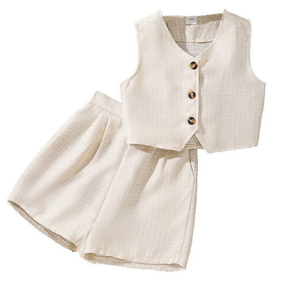 ZACPNCV Vest Shorts Suit for Girls Solid Single Breasted Waistcoat Top and Slim Pant Sets Casual Streetwear Beige 11-12 Years