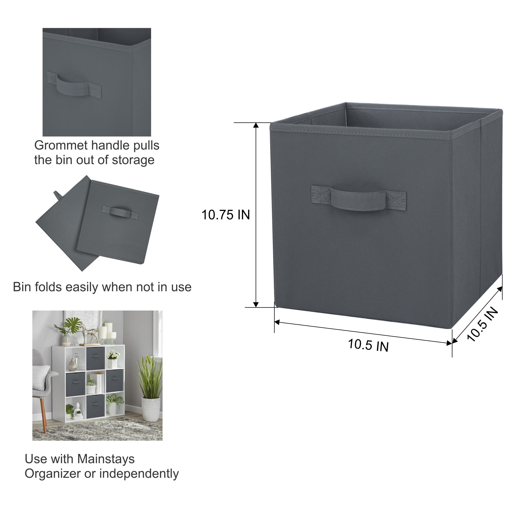 Mainstays Collapsible Cube Fabric Storage Bins (10.5" x 10.5"), 6 Pack, Gray Flannel