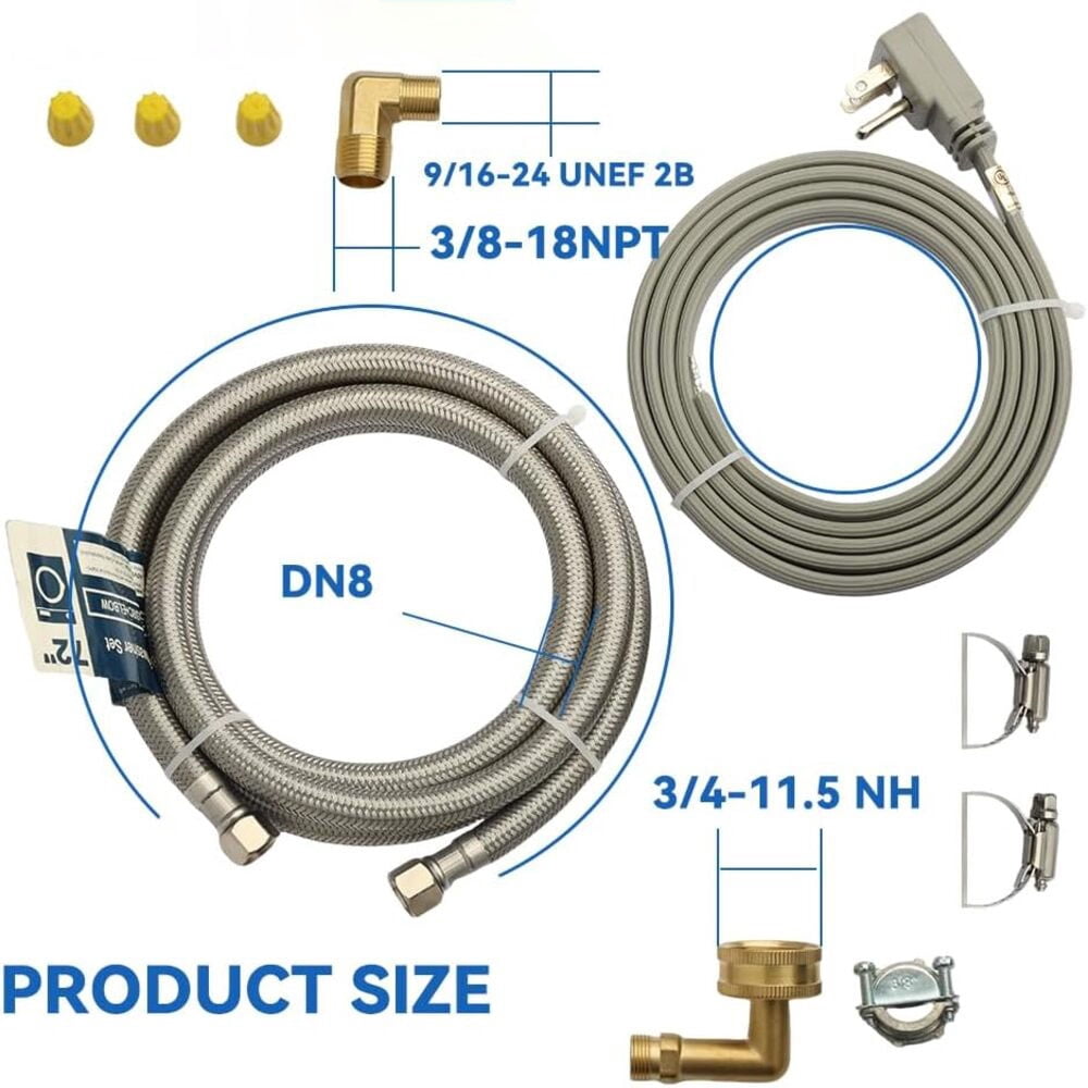 Krydros 6-ft. Braided Stainless Steel Dishwasher Installation Kit with 3/8-in. Compression Hose, Power Cord, and Adapters